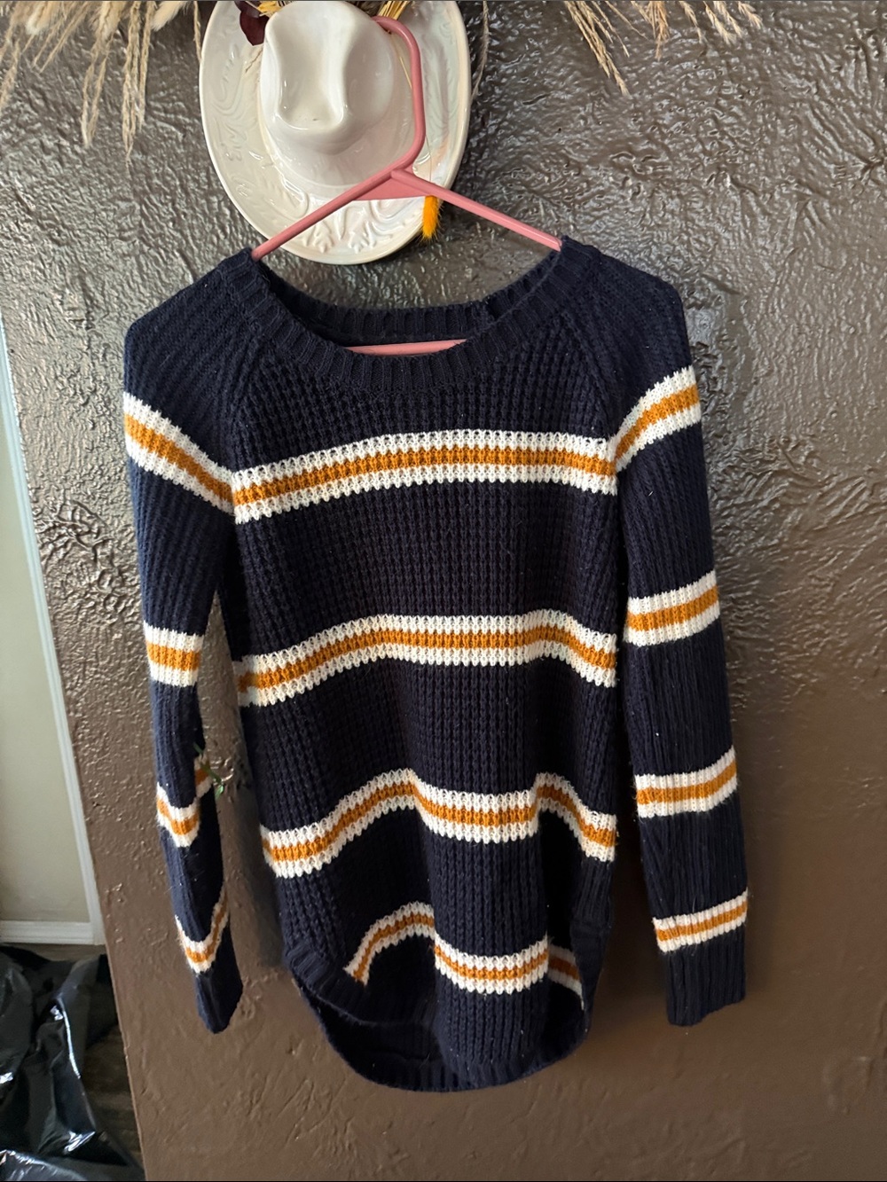Arizona Jean Company Navy Stripe Crewneck Sweater with White and Mustard Bands